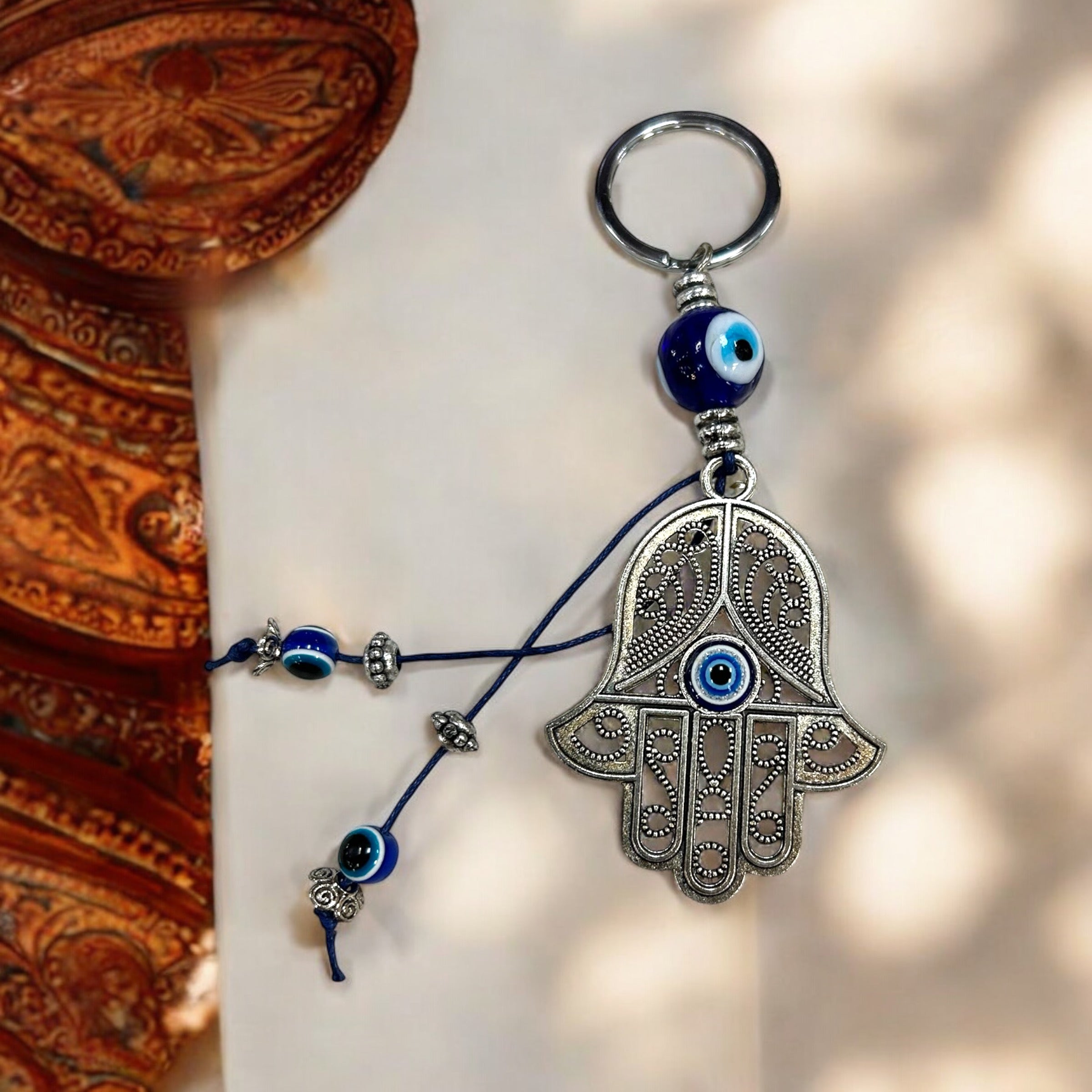 Hamsa Turkish Blue Eye Keychain with Tassels